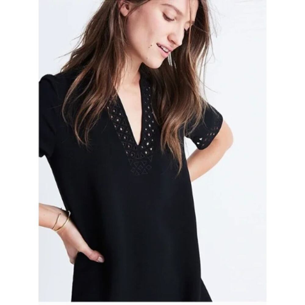 Madewell Tunic Black V Neck Short Sleeve Cut out Knee Length Dress Size 00 - Picture 3 of 8